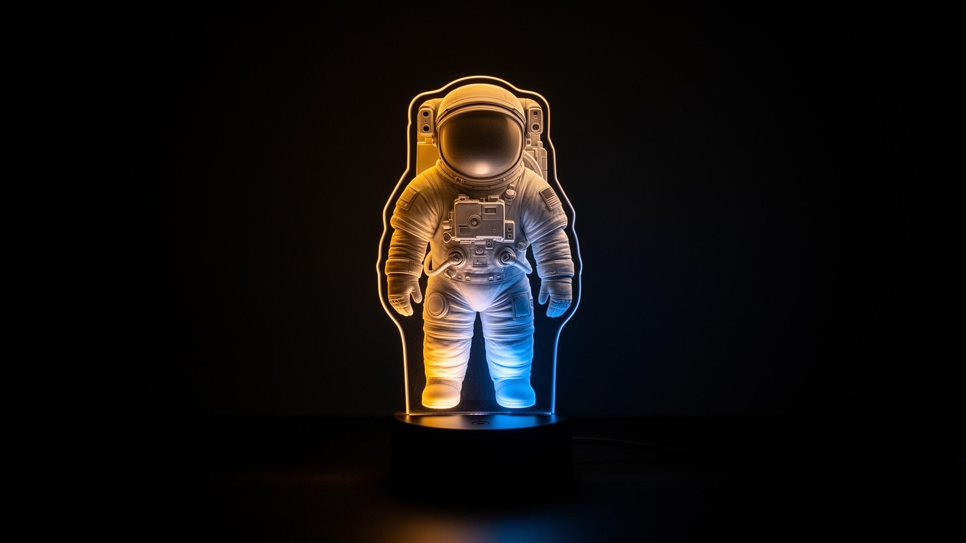 Glowing 3D astronaut visual lamp on a dark surface